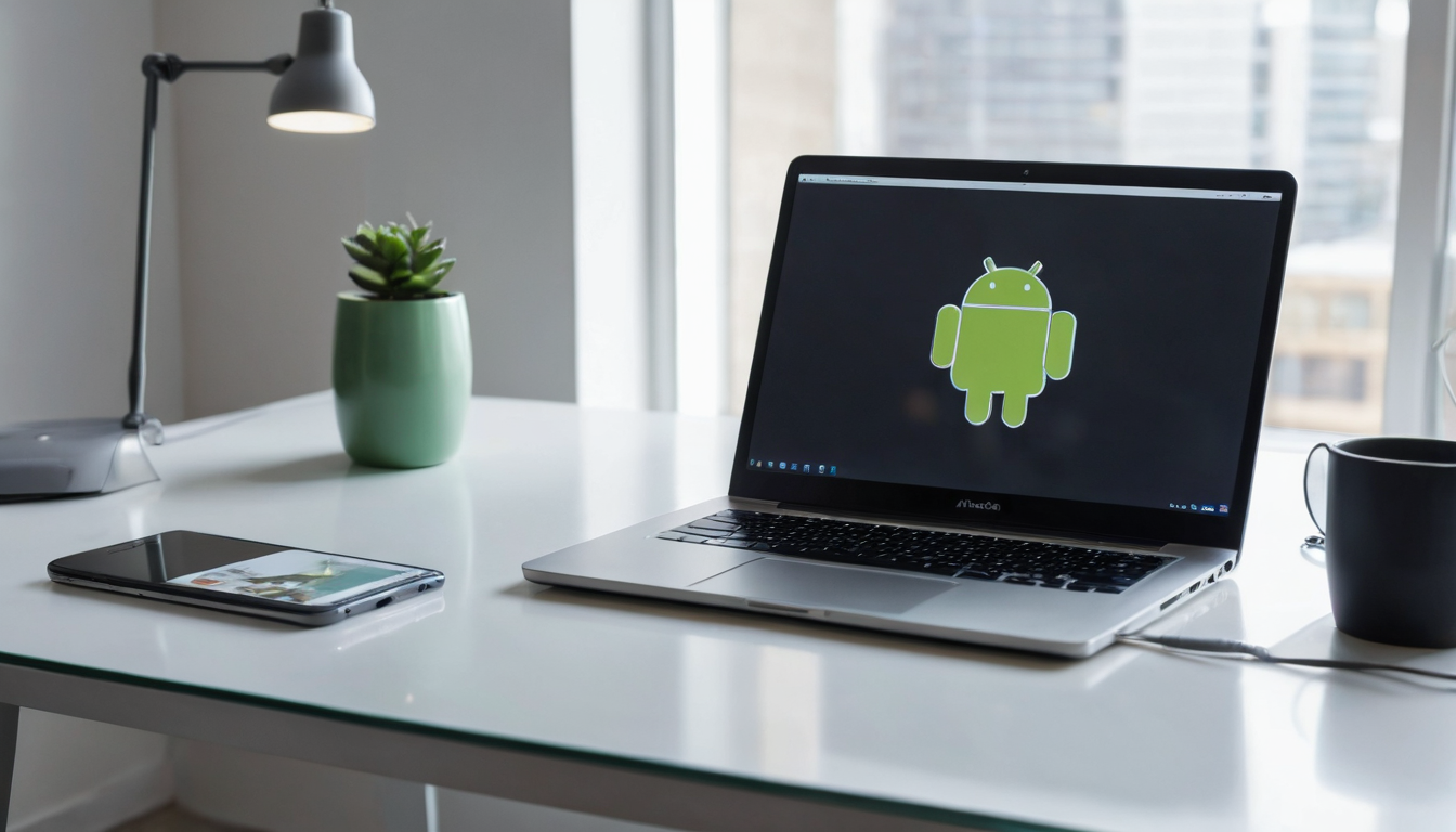 laptop showing Android Phone screen mirrored with Scrcpy and Android phone on desk