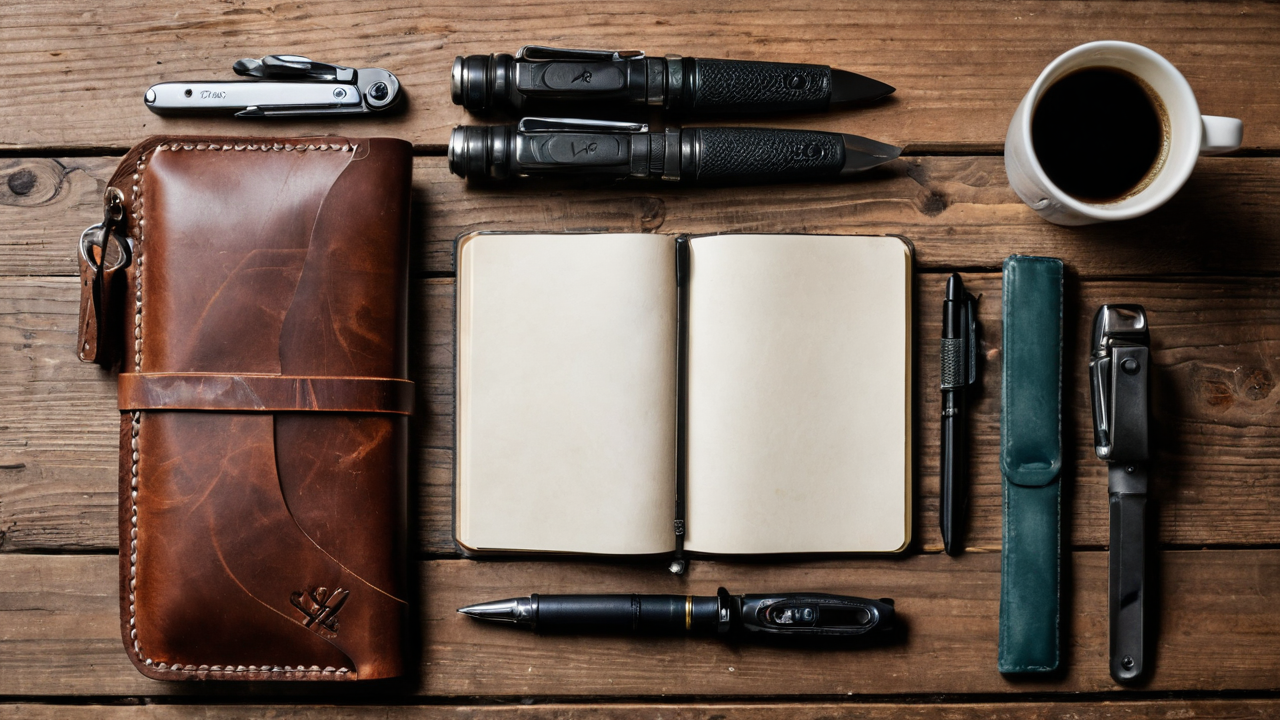 About Tooled Out: Flat lay of everyday carry gear on a wood workbench, including a multitool, folding knife, leather wallet, notebook, pens, and a cup of coffee