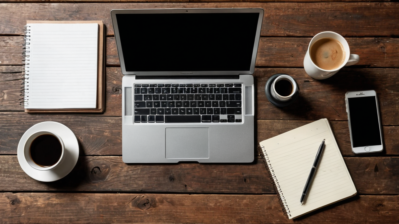Contact Us: An open laptop, notebook, phone, and coffee on a wood desk, ready for getting in touch with Tooled Out