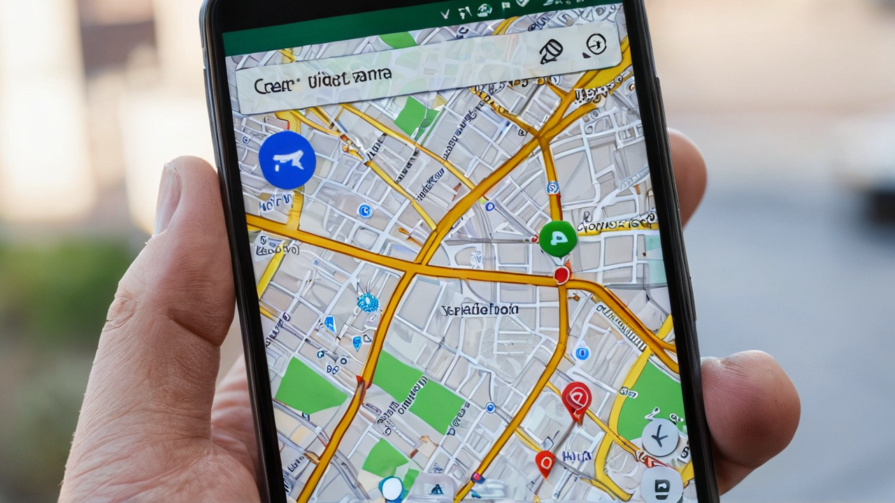 Hand holding an Android phone showing the Google Maps app with live traffic and route markers