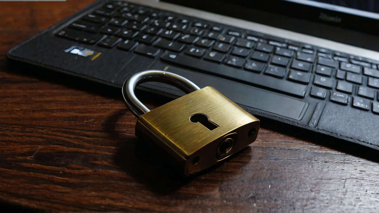 Privacy Policy A brass padlock resting on a laptop keyboard, representing data privacy and security