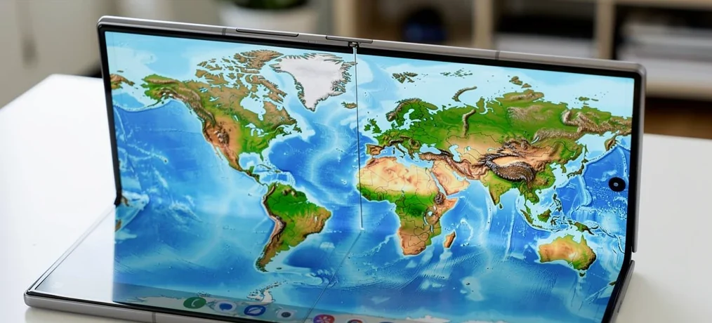 z fold 8 ultra ram usage on an unfolded foldable phone showing a world map wallpaper
